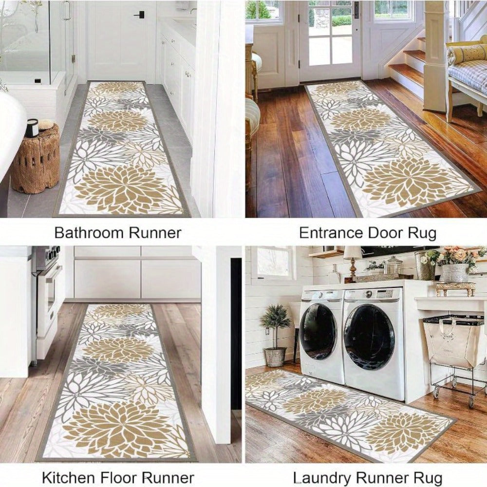 Floral Medallion Runner Rug Non-Slip Machine Washable ¨C Low-Profile Hallway Carpet for Entryway, Laundry Room & Bathroom ¨C Brown & Grey, 2x6, 2x8, 2x10 Ft