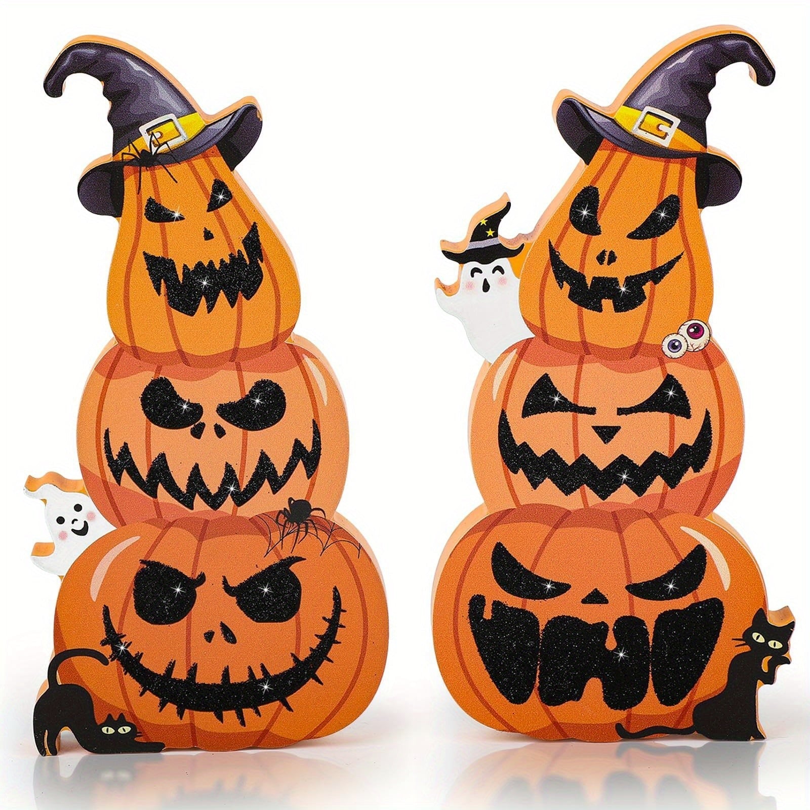 Halloween Tiered Tray Decor Set of 2 ¨C Glittery Wooden Pumpkin Stack with Witch Hat, Spooky Centerpiece for Autumn & Fall Home Decoration, Halloween Tabletop Ornament & Seasonal Tiered Tray Accessory