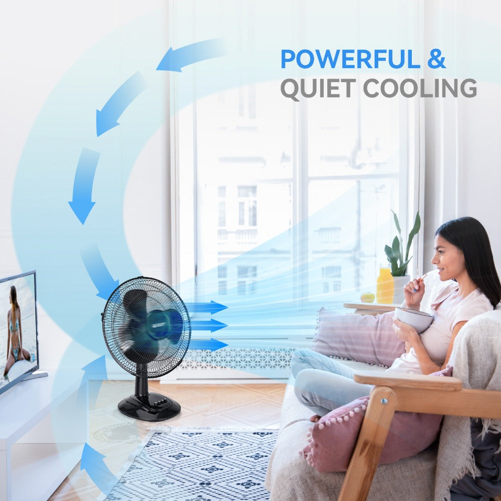 Oscillating Table Fan 12 Inch Quiet 3-Speed Adjustable Tilt with Safety Grill for Home Office Bedroom Dorm Desktop Personal Cooling Fan
