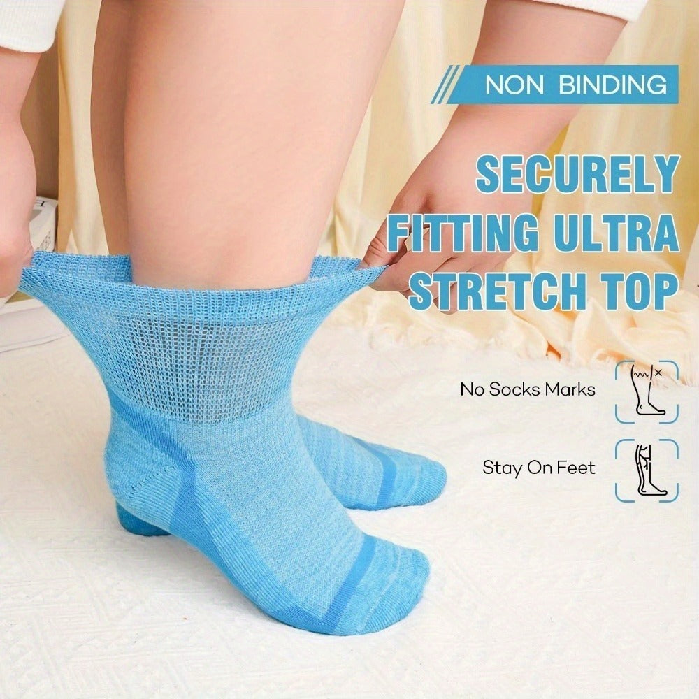 Wide Calf Socks 5 Pairs Loose Top Non-Binding Breathable Crew Socks for Men Women Plus Size Large Leg Edema Varicose Veins Comfort Fit M L Mixed Black