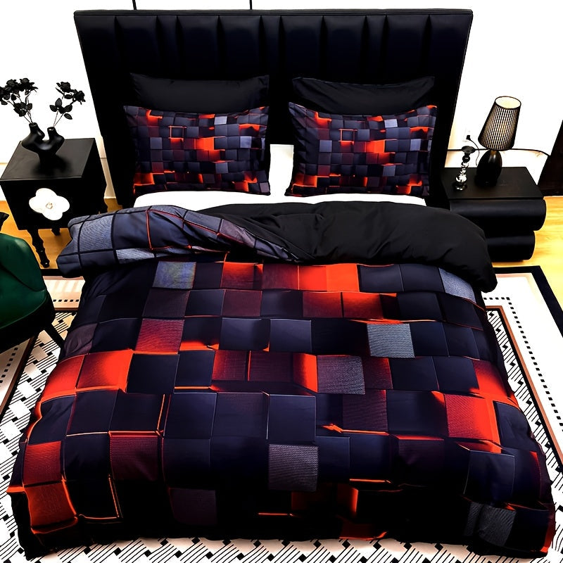 Duvet Cover Set 3 Piece Plaid Digital Print Polyester Bedding All Season Twin Full Queen King Size with Pillowcases Purple Blue Red