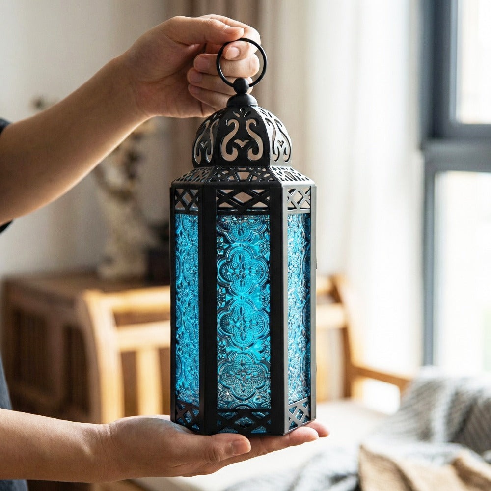 Moroccan Candle Lantern Holder - Decorative Metal & Glass Lantern with Embossed Floral Design for Indoor Home Decor, Garden, Patio, Weddings, Ramadan, Halloween & Holiday Celebrations - 10.5¡± Tall Medium Size