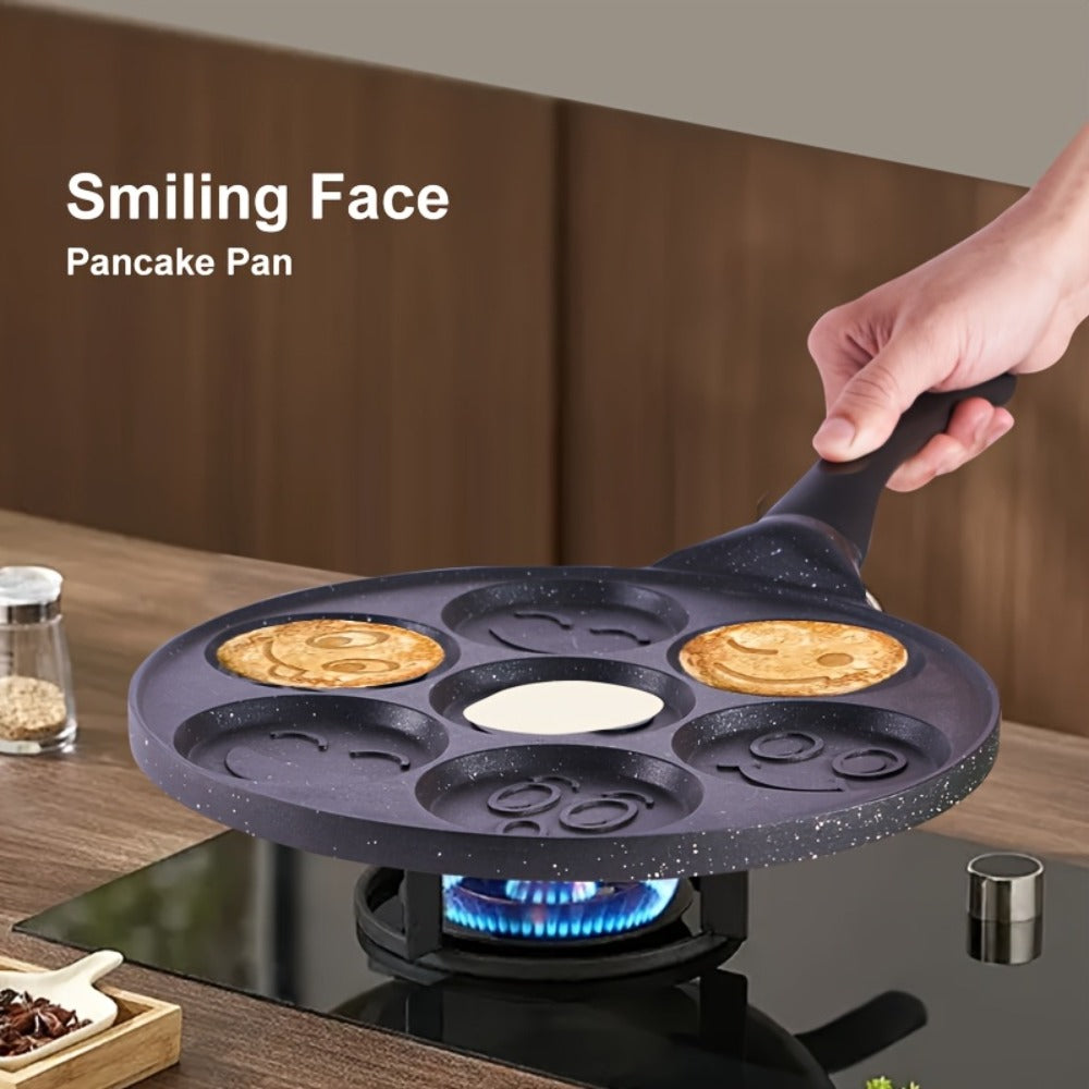 7-Hole Non-Stick Pancake Pan Smiley Face ¨C Aluminum Alloy Breakfast Maker with Detachable Handle for Gas Stove | Oven & Dishwasher Safe Crepe Waffle Egg Mold Cooking Pan Even Heat Distribution Black