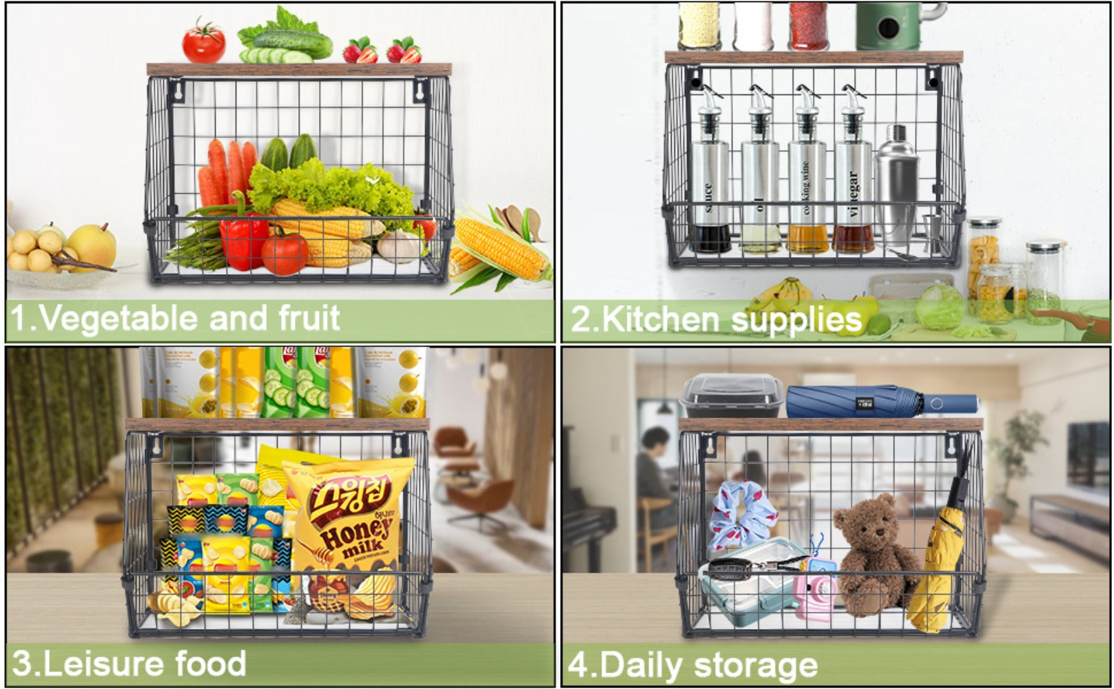 Wall-Mounted Fruit Basket with Wooden Cover - 2-Tier Metal Kitchen Storage Basket with Hooks, Stackable Hanging Organizer for Potatoes Onions Vegetables