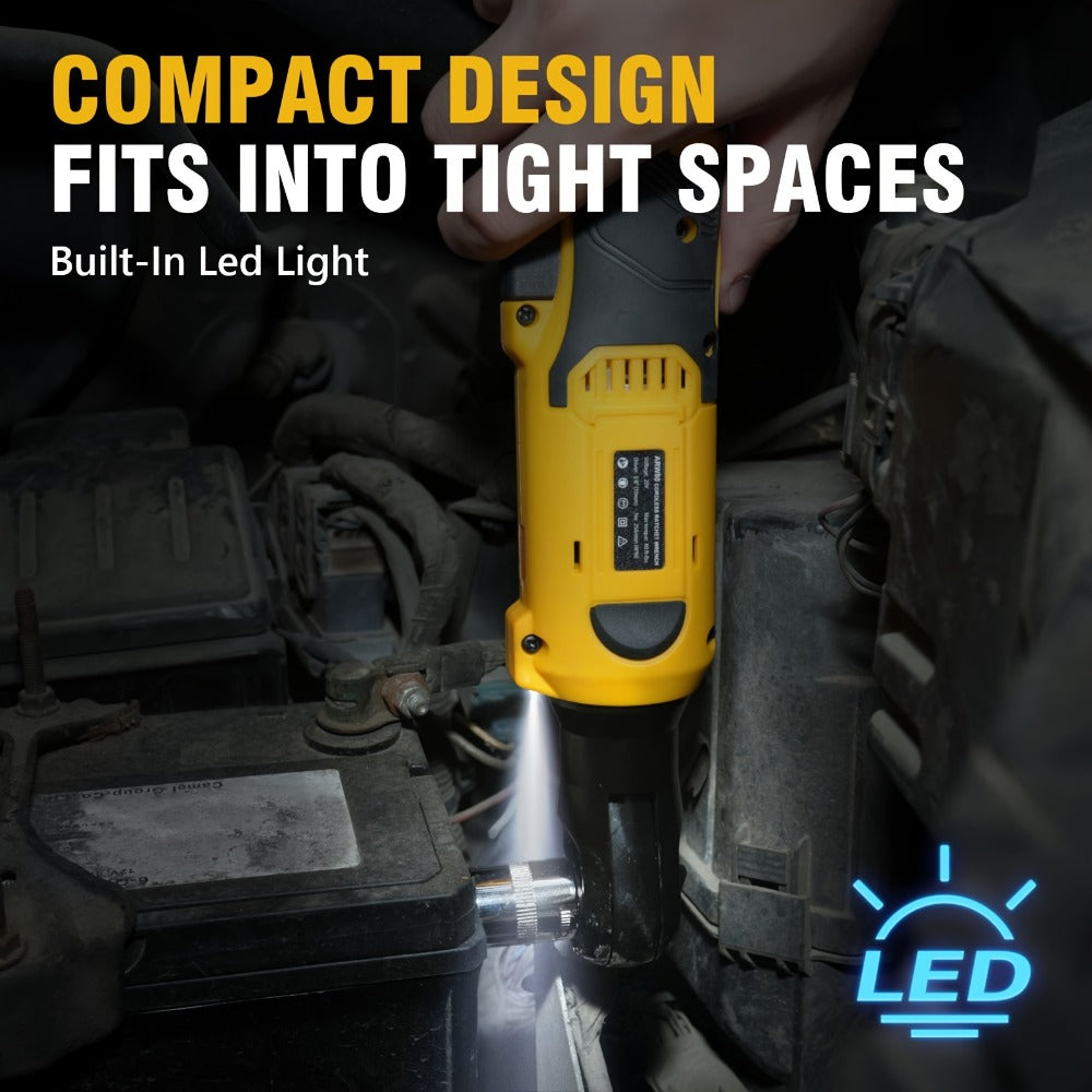 Cordless Ratchet Wrench Set 3/8 Inch 60FT-LBS 80Nm Electric Ratchet 2x20V Rechargeable Variable Speed LED Light 6 Sockets 1/4 Adapter 3 Inch Extension Rod Yellow