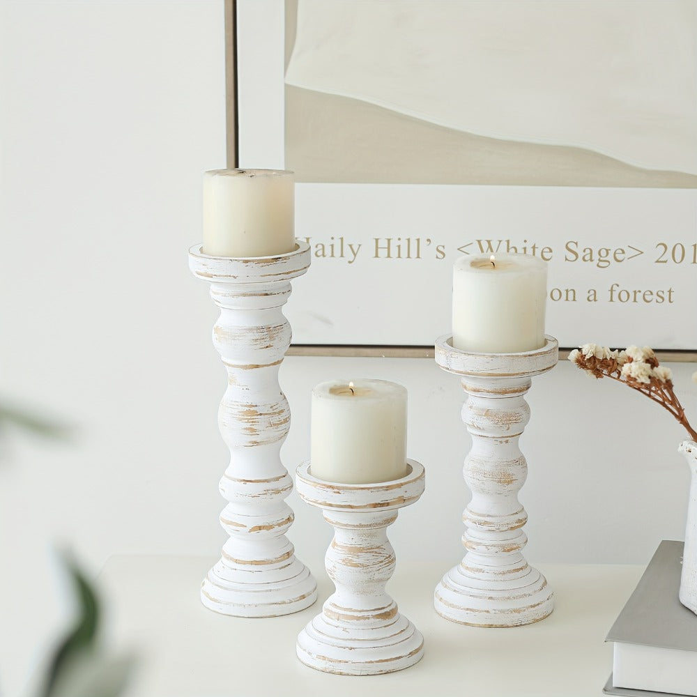 Wood Pillar Candle Holder Set of 3 - Farmhouse Rustic Wooden Candlestick Holders for Pillar Candles, Tiered Tray Decor, Table Centerpiece, Mantel Shelf Home Decor, White Black Brown