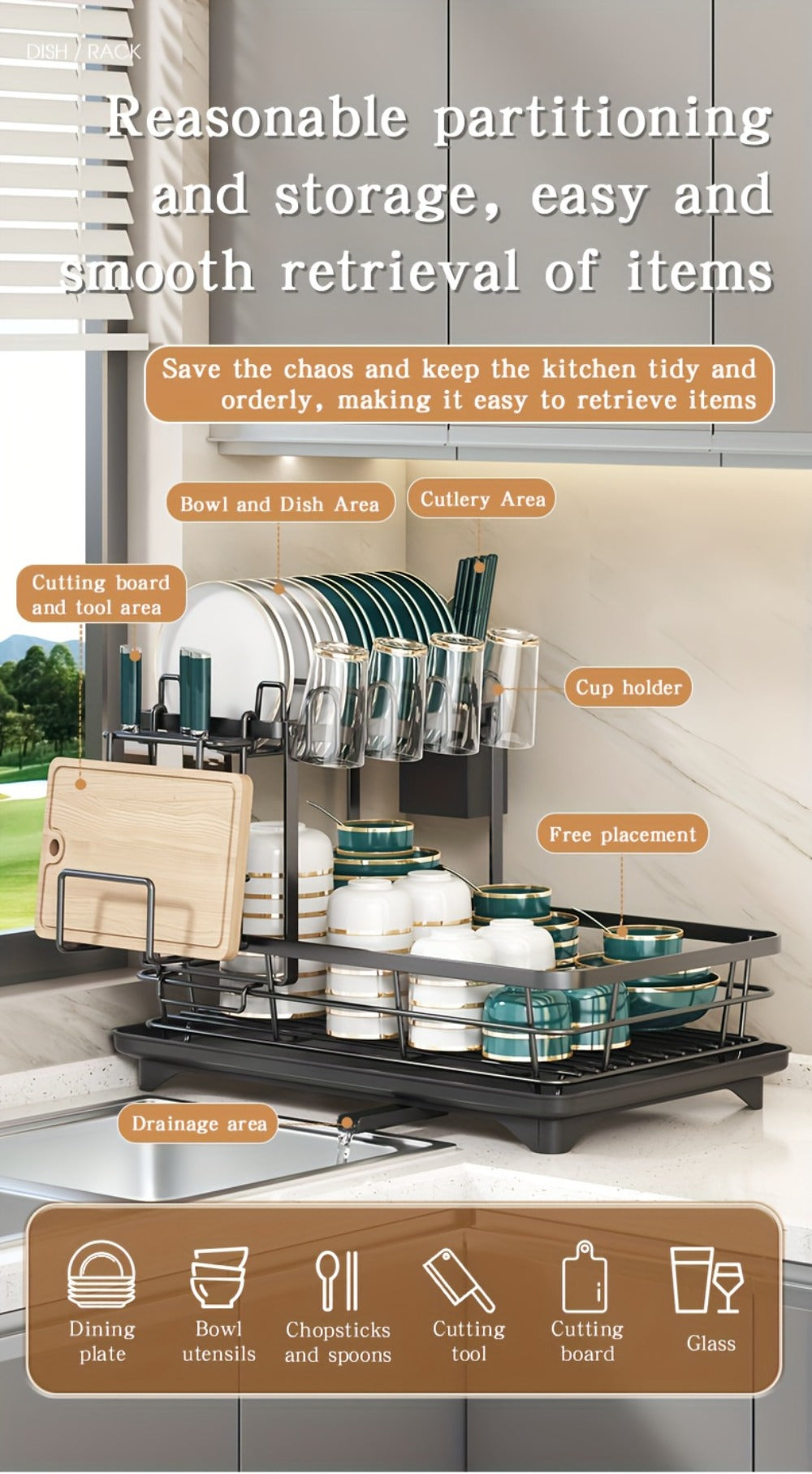 2-Tier Metal Dish Drying Rack with Cutlery Holder Cup Holder & Rust-Proof Drip Tray ¨C Space Saving Countertop Kitchen Organizer