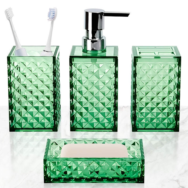 Bathroom Accessories Set 4-Piece Diamond Grid Plastic Organizer Soap Dispenser Toothbrush Holder Grey Blue Green