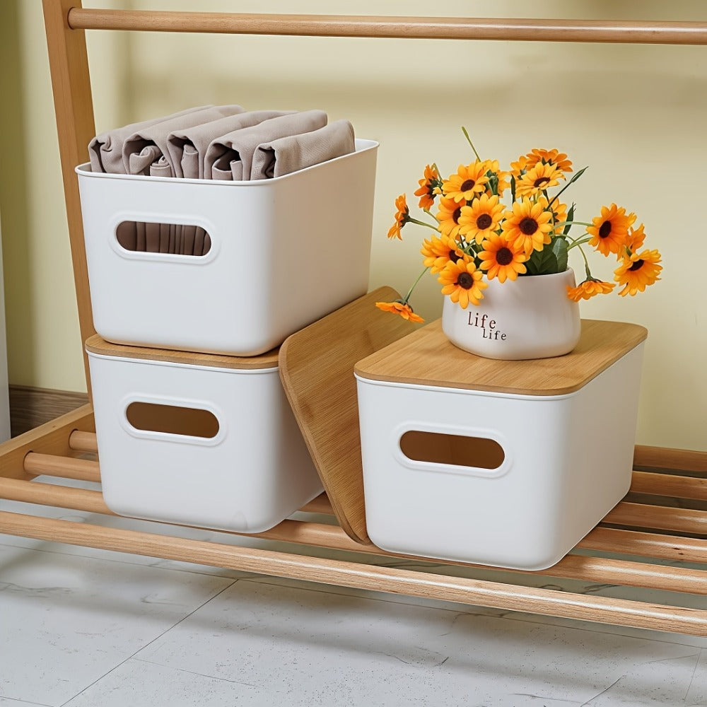 Plastic Storage Bins with Wood Lids Stackable Organizer with Handle and Labels for Home Office Kitchen Bedroom Closet Playroom 1 2 4 8 Pack