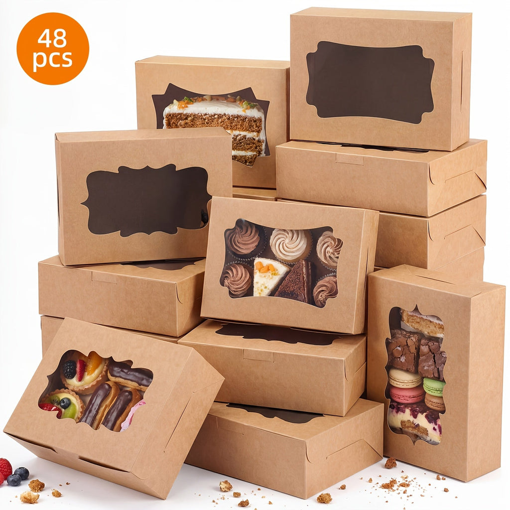 Cookie Boxes with Window 48 Pack ¨C 8x6x2.5¡± Kraft Bakery Treat Boxes for Cookies, Macarons, Pastries & Cake, Brown & White Cardboard Gift Boxes for Birthday, Wedding & Holiday Packaging