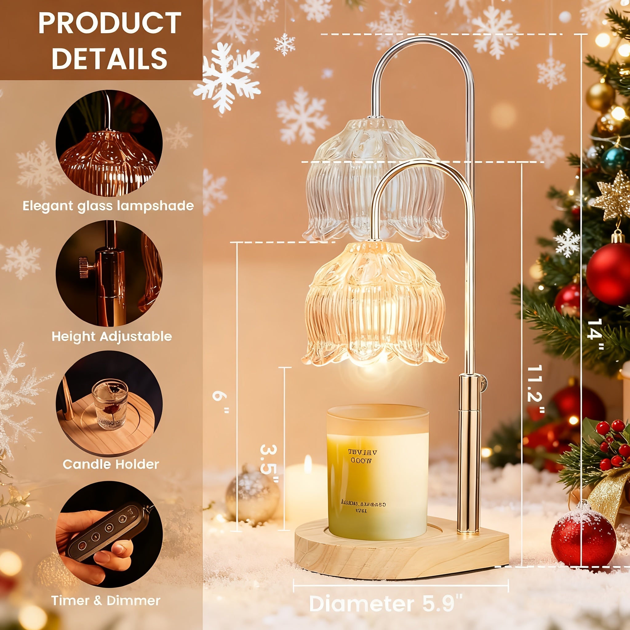 Candle Warmer Lamp Adjustable Height Dimmable Flameless Scented Wax Melt Vintage Iron Tabletop Light with Timer 120V Plug-In for Home Decor Bedroom Living Room Mother's Day Christmas Gift