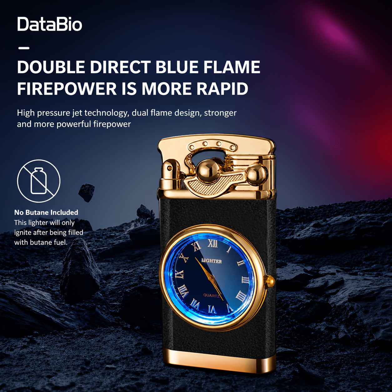 Vintage Rocker Butane Lighter Blue Double Flame Windproof - Multi-Function Dial, Adjustable Flame, Indoor & Outdoor | Gift for Dad & Boyfriend | Butane Not Included