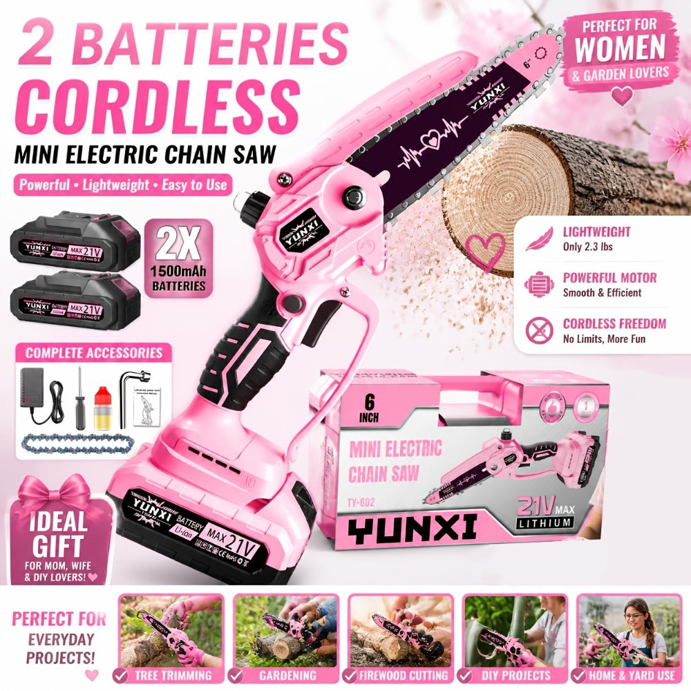 Mini Chainsaw 6 Inch 21V Cordless Battery Powered | Handheld Electric Chain Saw for Tree Branch Trimming Wood Cutting | Lightweight Portable Pruning Saw Pink