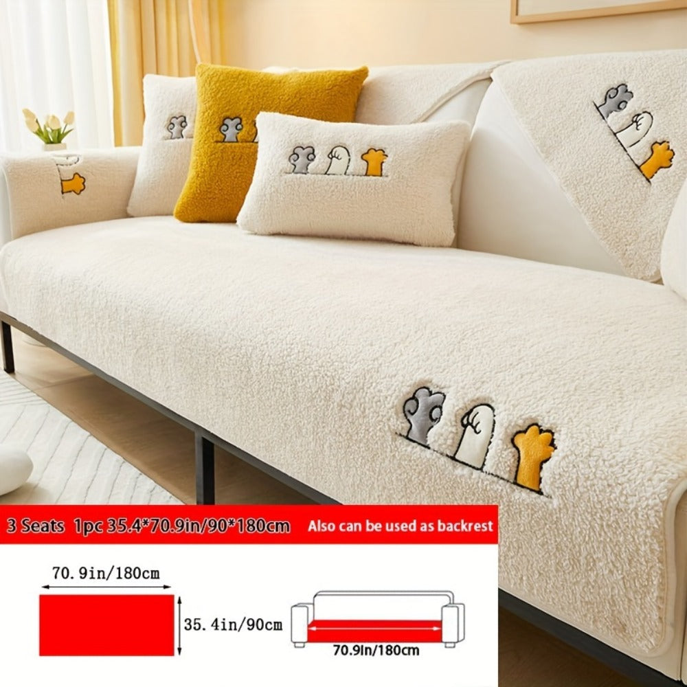 Plush Shearling Sofa Cover Non-Slip Pet-Friendly Couch Protector Animal Bone Embroidery Soft Warm for Living Room Bedroom Office 2 3 4 Seater