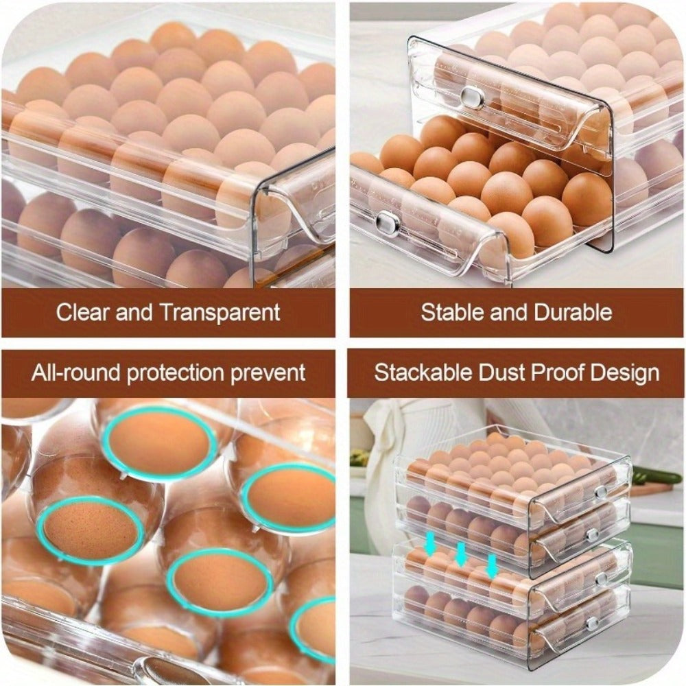 Egg Storage Box for Refrigerator 40 Eggs - Transparent Double-Layer Drawer Style Egg Container, Fresh-Keeping Stackable Egg Holder for Fridge, Kitchen Egg Organizer with Lid