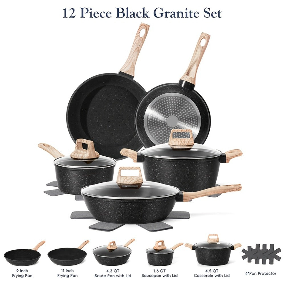 Cookware Set 12 Piece Pots and Pans Set Non-Stick Granite Coating with Frying Pans Casserole Saucepan Glass Lids Pan Protectors Compatible with All Stovetops Including Induction
