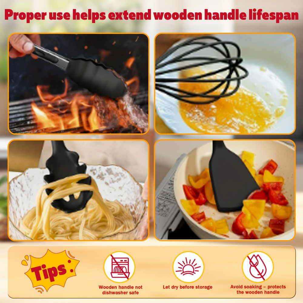 Silicone Kitchen Utensil Set 12PCS with Wooden Handle - Heat Resistant Non-Stick Safe Cooking Spatula Spoon Turner Tongs Brush with Holder for Home Restaurant Gift