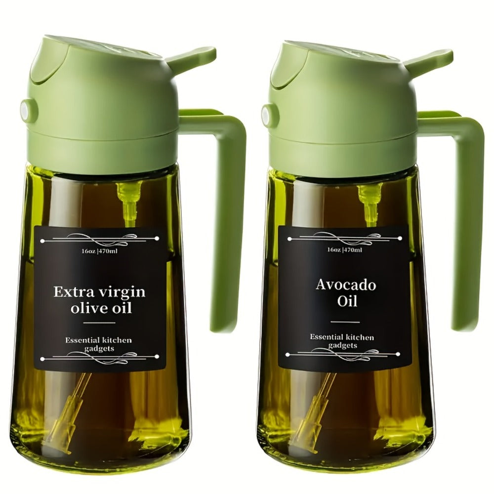Olive Oil Dispenser Bottle 2-in-1 Glass Oil Sprayer & Dispenser 16oz Kitchen Cooking Oil Bottle with Labels for BBQ, Salad, Air Fryer & Grilling ¨C 2 Pack