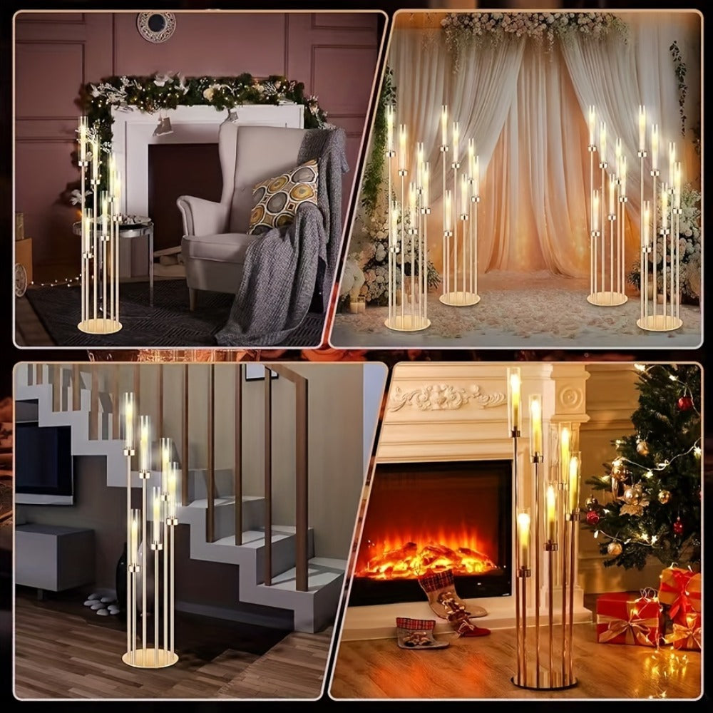 Floor Candelabra 6-Arm 46 Inch Gold Metal Candlestick Set with 12pcs LED Candles & Acrylic Shades, Tall Wedding Centerpiece Candle Holder for Valentine's Day Anniversary Party Home Decor