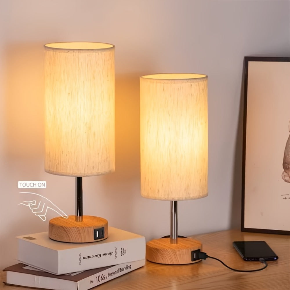 Bedside Table Lamp with USB-C Charging Port ¨C 3-Way Dimmable Touch Lamp, Wood Base Round Burlap Shade, Small Nightstand Desk Light with AC Outlet & A19 LED Bulb Included for Bedroom Living Room Office