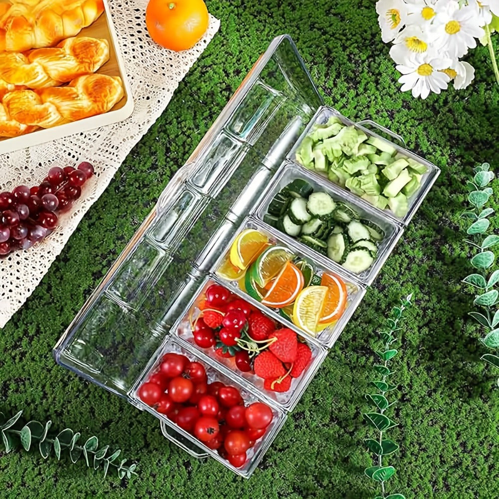 Fruit Salad Bowl with Lid and 5 Compartments, Portable Chilled Serving Tray with 5 Forks and 2 Tongs, Detachable Fruit Storage Box for Party Entertaining Bar Decoration Buffet Table