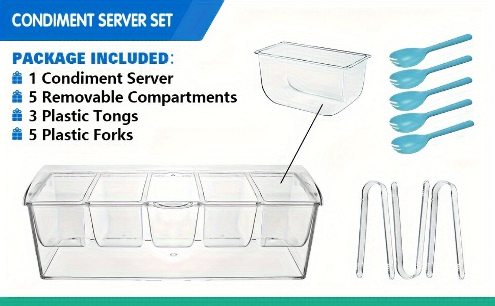 Bar Serving Tray on Ice with 5 Compartments & Lid ¨C Garnish Condiment Platter with 5 Forks & 3 Pliers, Clear Fruit Tray for Bar, Party & Entertaining