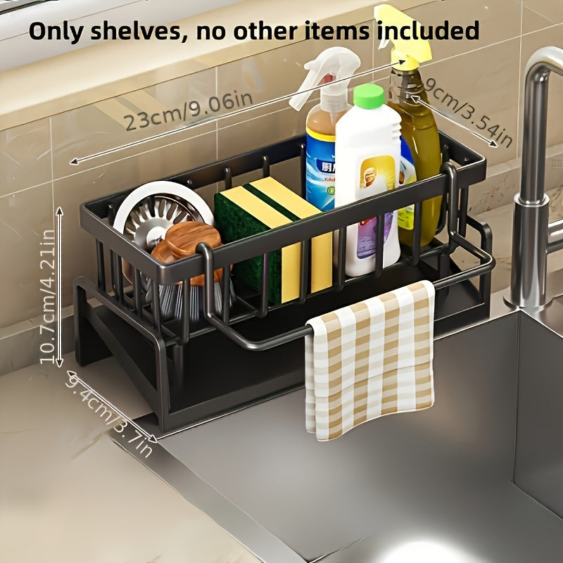 Kitchen Sink Organizer Sponge Holder with Self-Draining Tray Removable Rag Rod Carbon Steel Countertop Storage Rack for Sponges Brushes Soap Bathroom