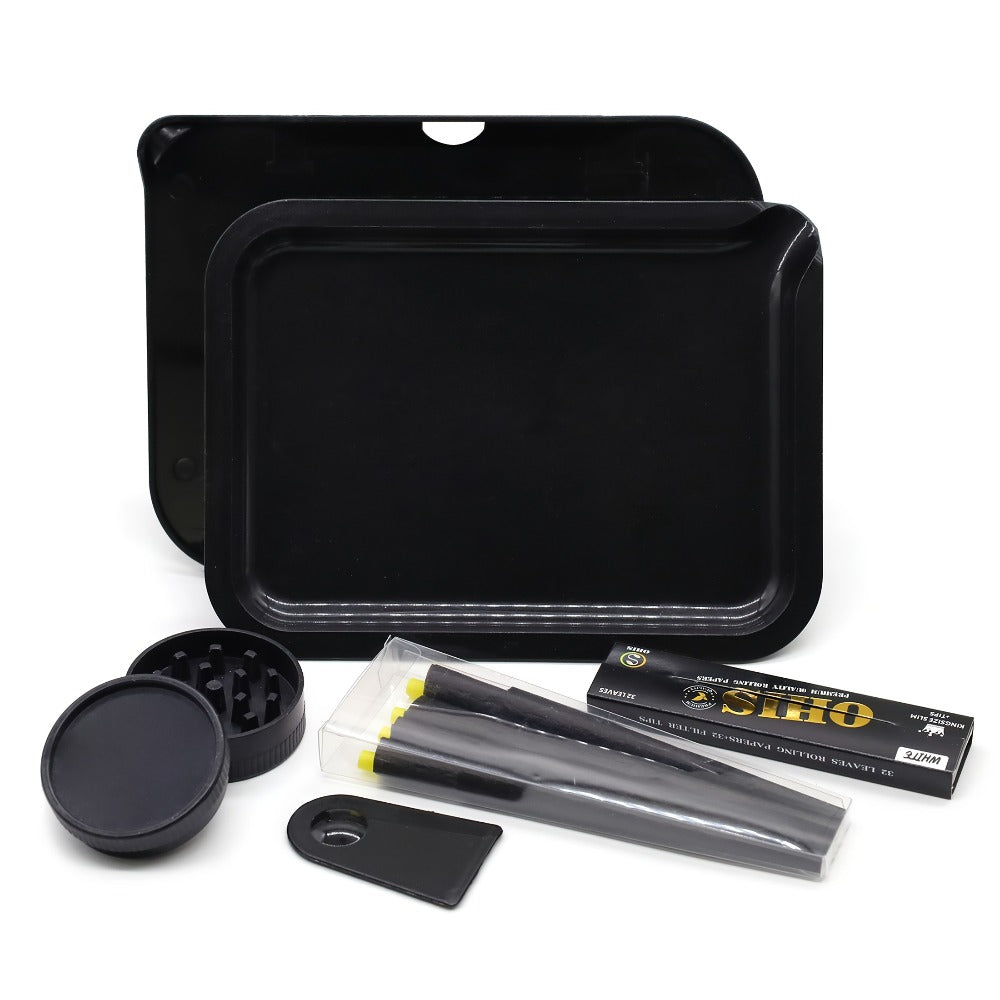 Smoking Set with Double-Layer Grinder, Rolling Paper, 8 Pre-Rolled Cones & Rolling Tray - Complete Starter Kit | 3 Colors | Gift Set