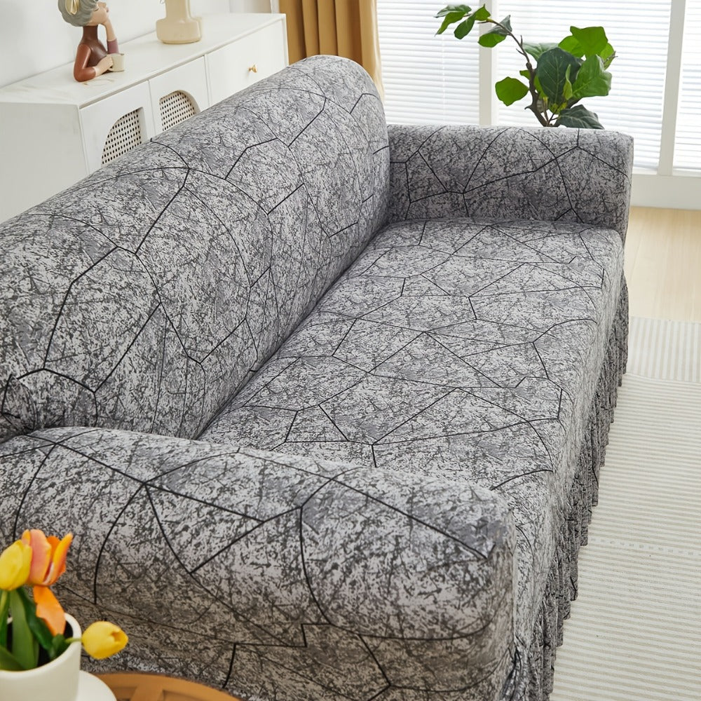 Printed Elastic Skirt Sofa Cover Modern Hem Design Stretch Sofa Slipcover Protective Furniture Cover for Living Room Single 2 3 4 Seater Machine Washable