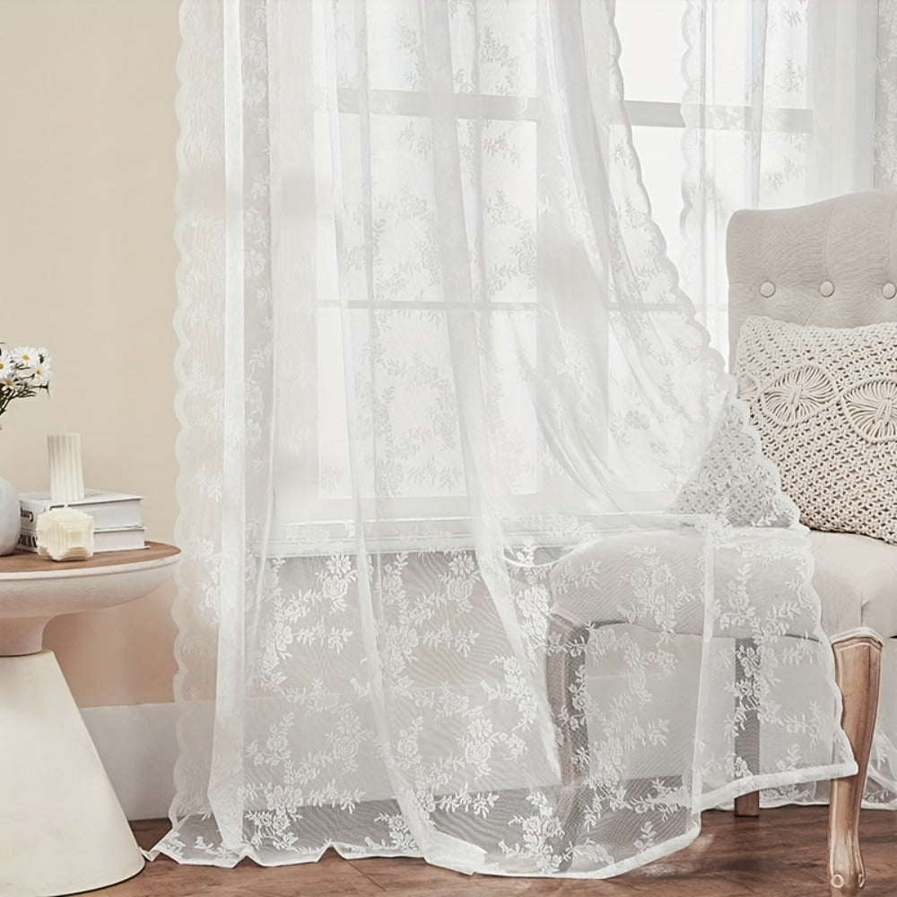 Sheer Lace Curtains 2 Panels Bohemian Floral Semi-Transparent Rod Pocket Window Curtains for Living Room Bedroom All Seasons
