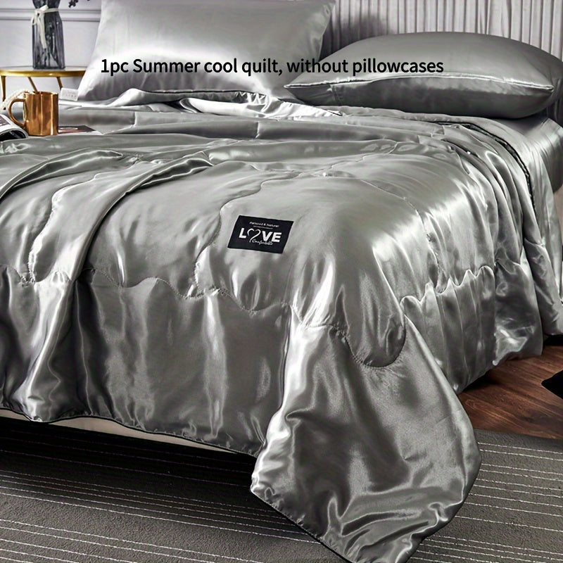 Cooling Satin Quilt Summer Comforter Ultra-Soft Breathable Lightweight Blanket, Machine Washable Satin Weave Bedspread for Home Dorm Hotel, Twin Full Size, White Silvery Grey Pink Lake Blue