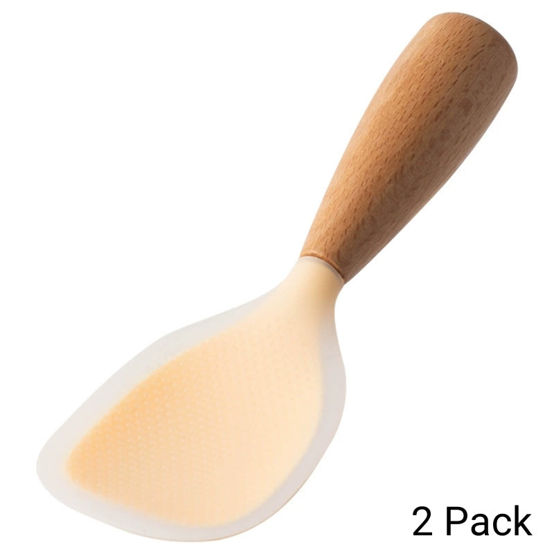 Silicone Rice Spatula Serving Spoon 2 Pack Wooden Handle Heat Resistant Durable Standing Spoon for Nonstick Pans Rice Cookers Grains Potato Server Kitchen Utensil Orange