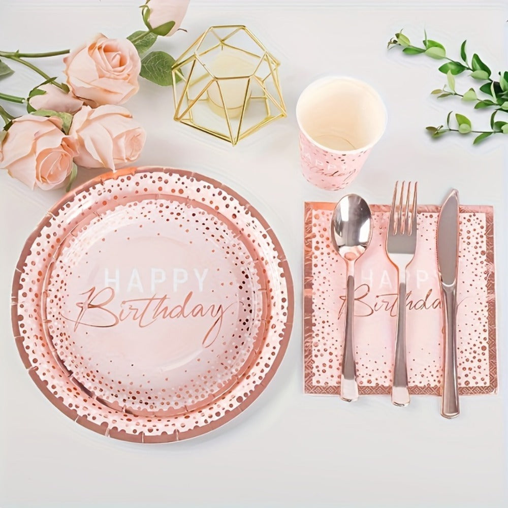 Birthday Party Plates and Napkins Set 175pcs Pink Rose Gold Disposable Tableware Forks Knives Spoons Serves 25 Guests Girl Birthday Party Supplies