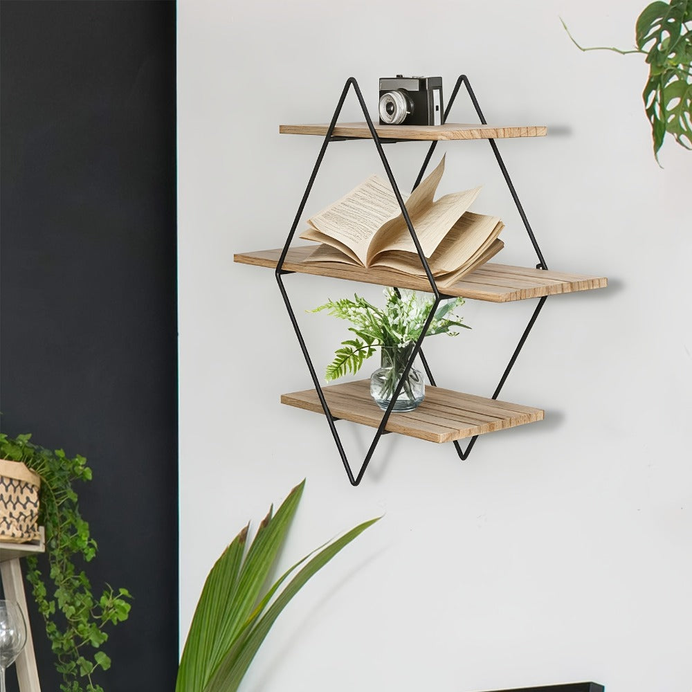 Geometric Diamond Wall Shelf 3-Tier Metal Wire & Wood Floating Shelves | Industrial Style Display Shelf for Living Room Kitchen Bedroom