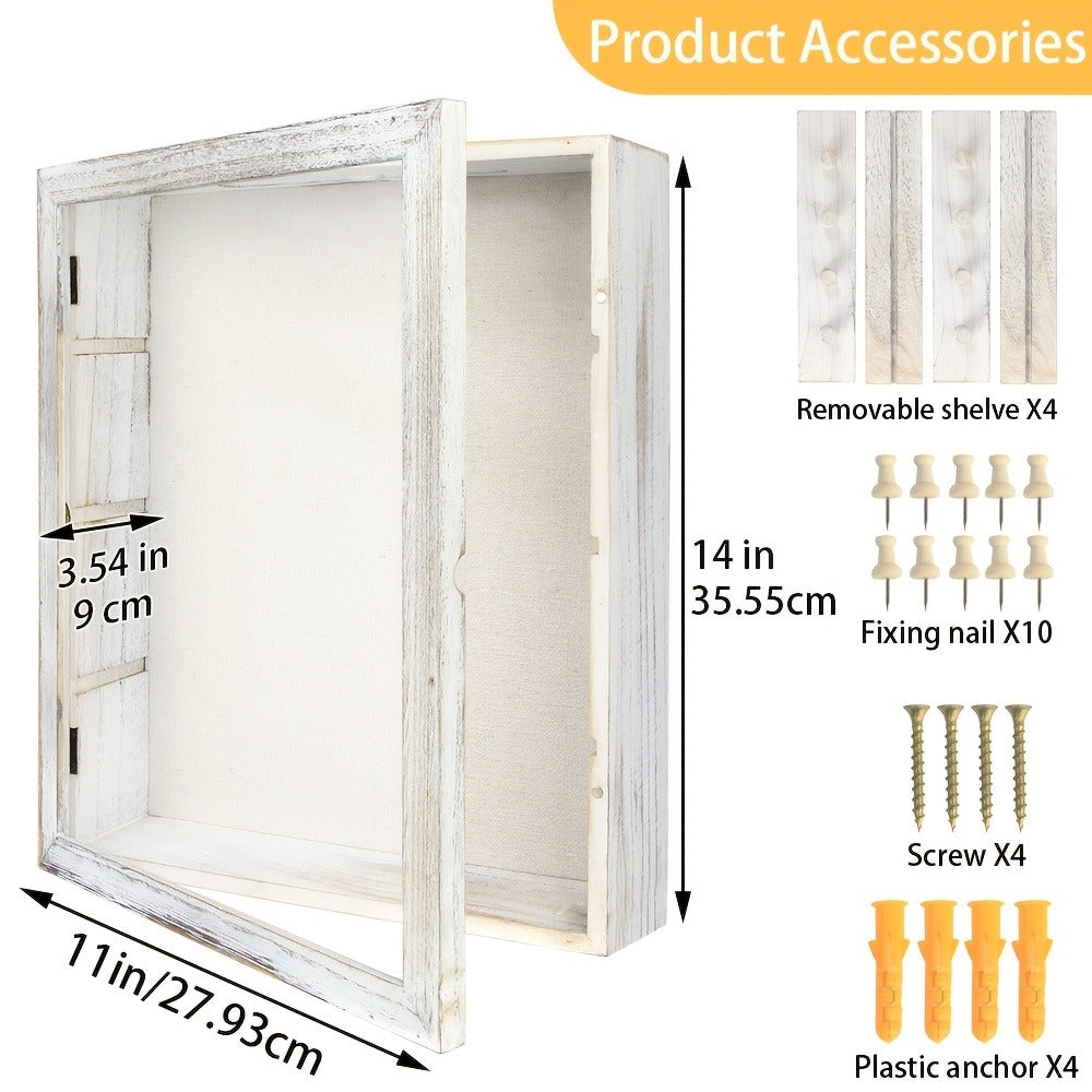 Shadow Box Frame with Linen Back ¨C Large Rustic Memory Display Case 11x14 & 12x16 Inch for Photos, Medals, Coins, Pins, Flowers & Collectibles, 4 Removable Shelves, Black White Brown