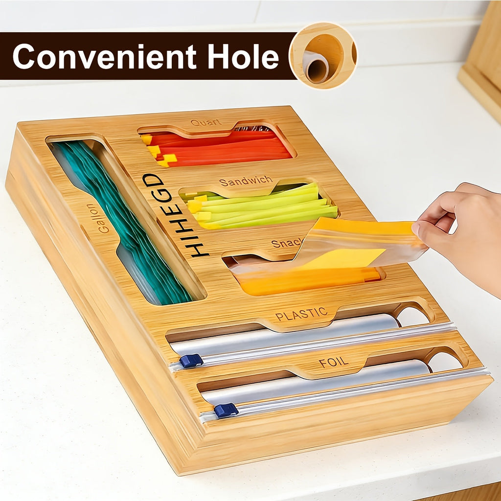 Bamboo Wrap Dispenser 6-in-1 Kitchen Organizer ¨C Built-In Cutter, 6-Grid Storage Box for Plastic Wrap, Aluminum Foil & Bags, Space-Saving Drawer Organizer for Pantry & Kitchen Counter