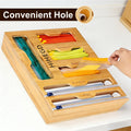 Bamboo Wrap Dispenser 6-in-1 Kitchen Organizer ¨C Built-In Cutter, 6-Grid Storage Box for Plastic Wrap, Aluminum Foil & Bags, Space-Saving Drawer Organizer for Pantry & Kitchen Counter