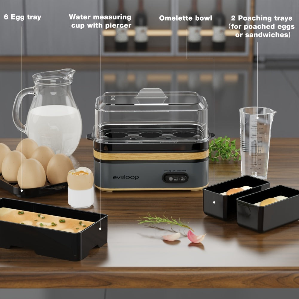 Electric Egg Cooker 6 Egg Capacity Rapid BPA Free Stainless Steel 400W for Hard Boiled Poached Scrambled Eggs Omelets Auto Shut Off Kitchen Appliance Green Wood Silver