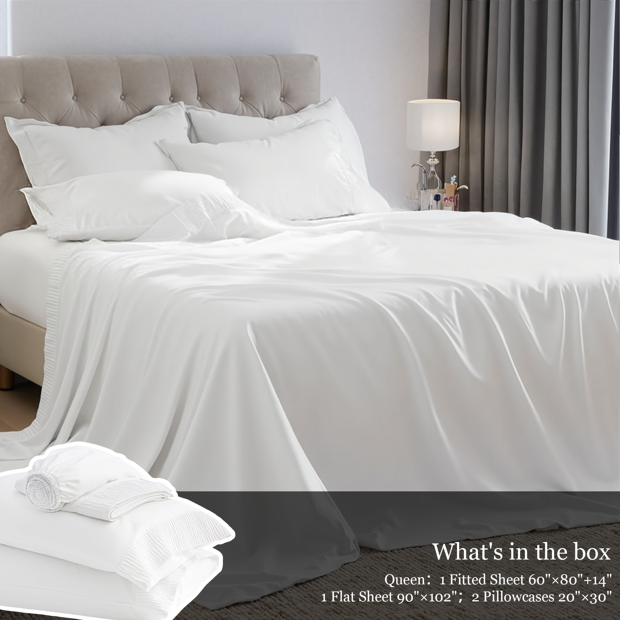 Bed Sheet Set 4-Piece Soft Breathable Cooling Sheets - Flat Sheet, Fitted Sheet & 2 Pillowcases, Wrinkle-Free Hotel Luxury Bedding, All Season Comfort