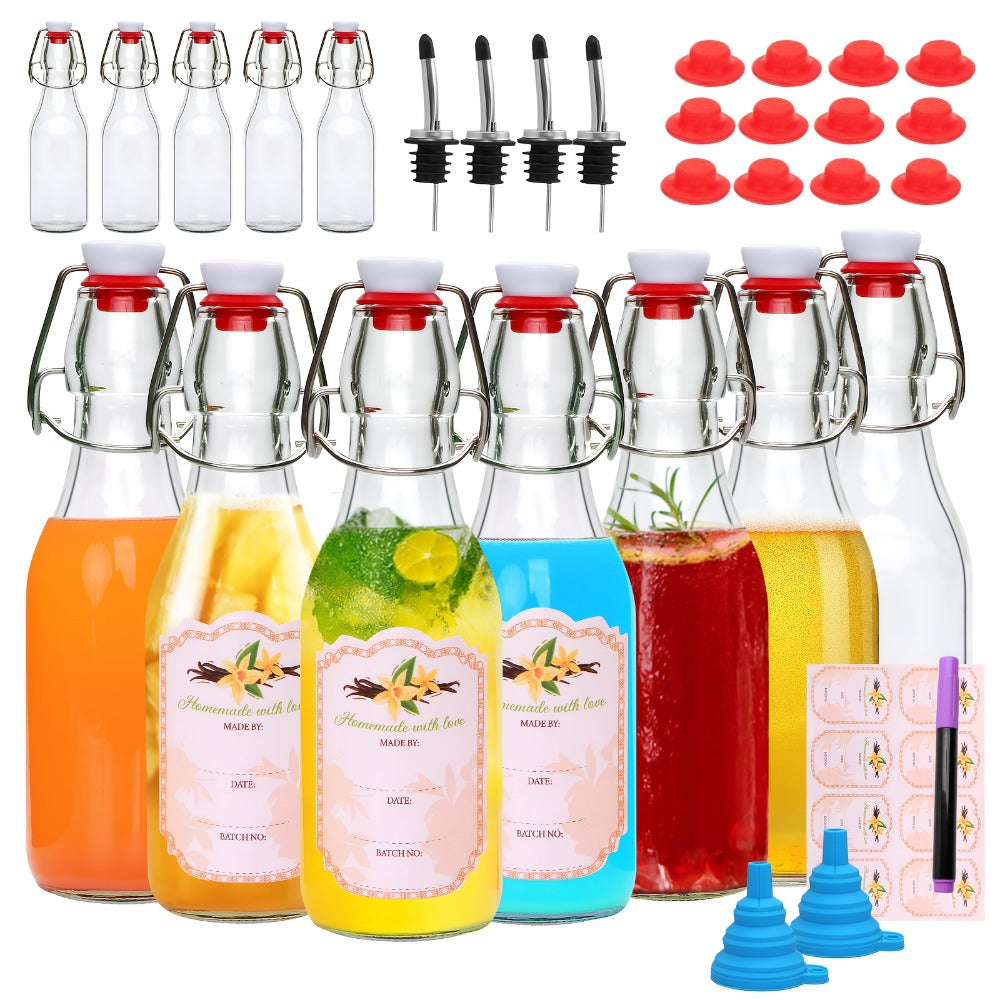 Glass Swing Top Bottles 8.45oz ¨C Round Iron Clasp Airtight Bottle Set with Funnel for Juice, Kombucha, Syrup & Oil Storage, Reusable Flip Cap Glass Bottles (6, 9, 12 or 18 Pack)