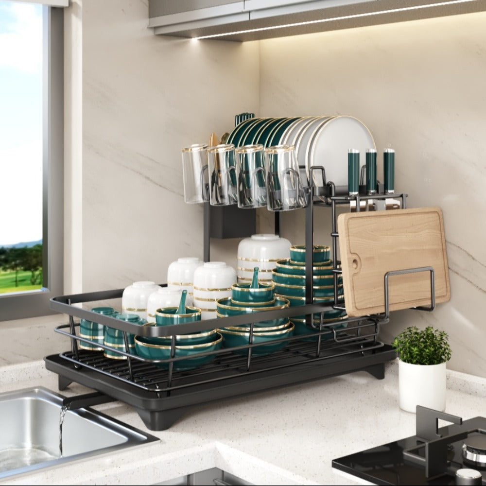 2-Tier Metal Dish Drying Rack with Cutlery Holder Cup Holder & Rust-Proof Drip Tray ¨C Space Saving Countertop Kitchen Organizer