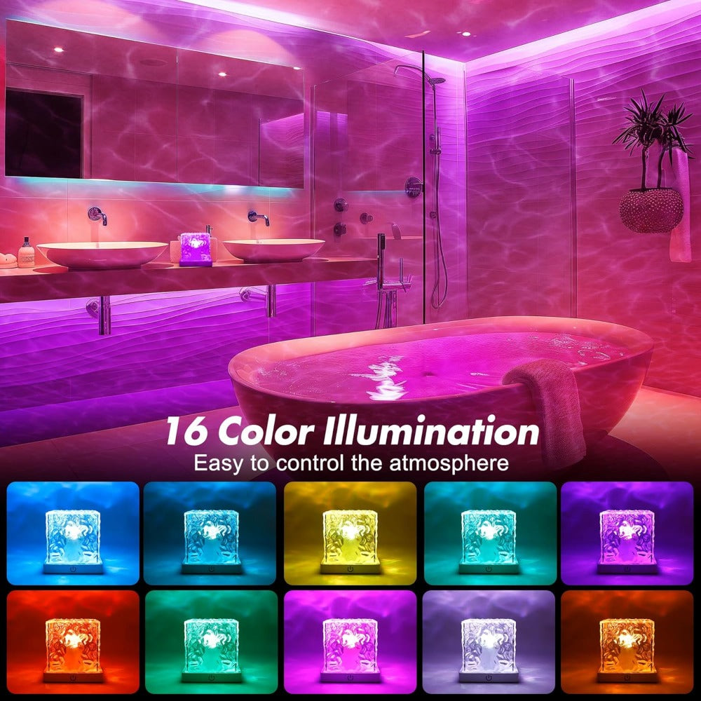RGB Night Light Rechargeable 16-Color Ocean Wave Projection Lamp - Rotating Flame Water Ripple Remote Dimming for Bedroom Bar Restaurant Display Cabinet Decor