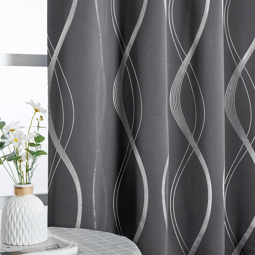 Thermal Insulated Blackout Curtains 2 Panels Wave Line Foil Print Noise Reducing Room Darkening Drapes for Bedroom Living Room Patio Sliding Glass Door