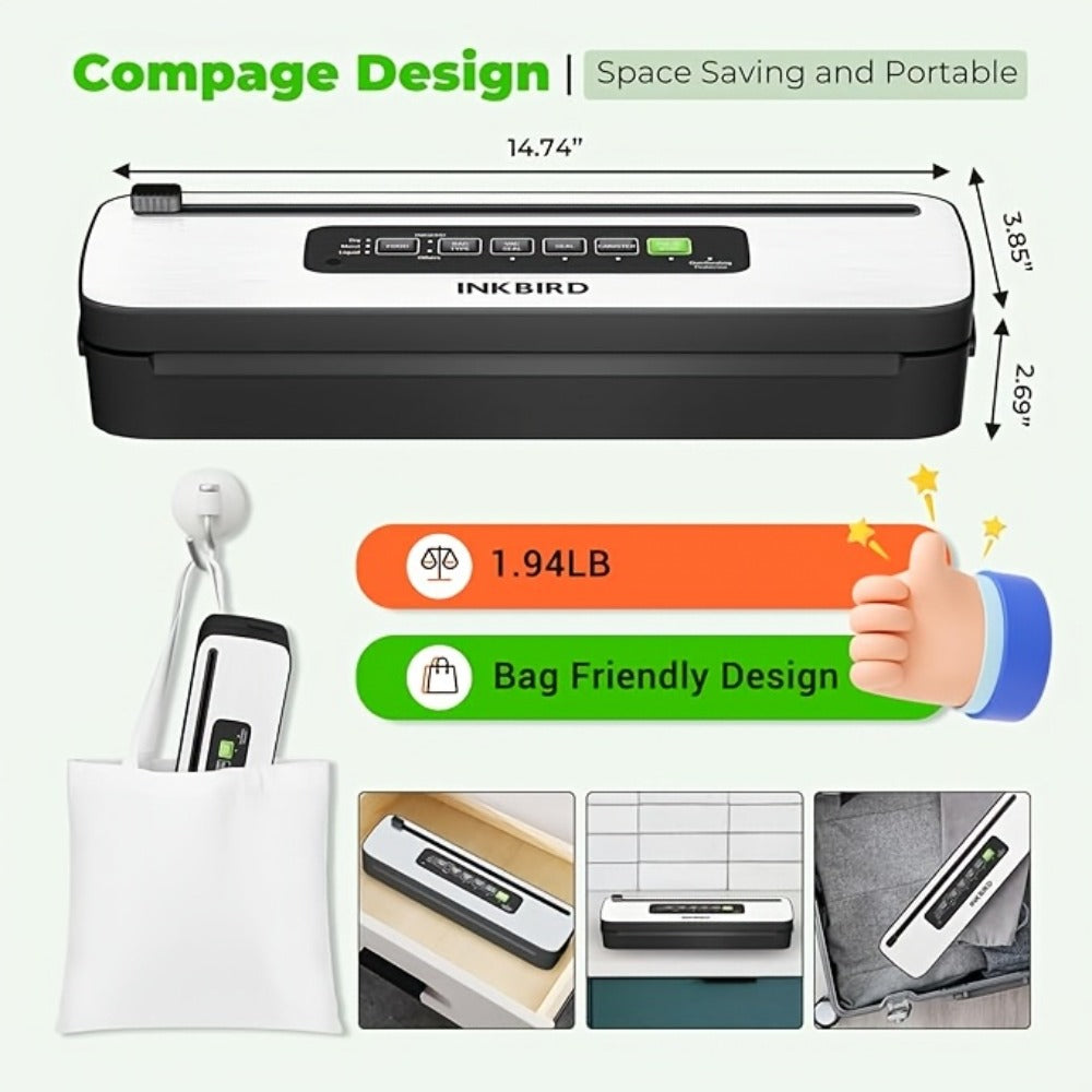 Vacuum Sealer Machine 85KPA ¨C INKBIRD 10-in-1 Food Sealer with Bag Storage, Built-In Cutter, Moist/Dry/Pulse/Liquid/Canister Modes, 200 Continuous Seals, Compact Design for Food Preservation & Sous Vide