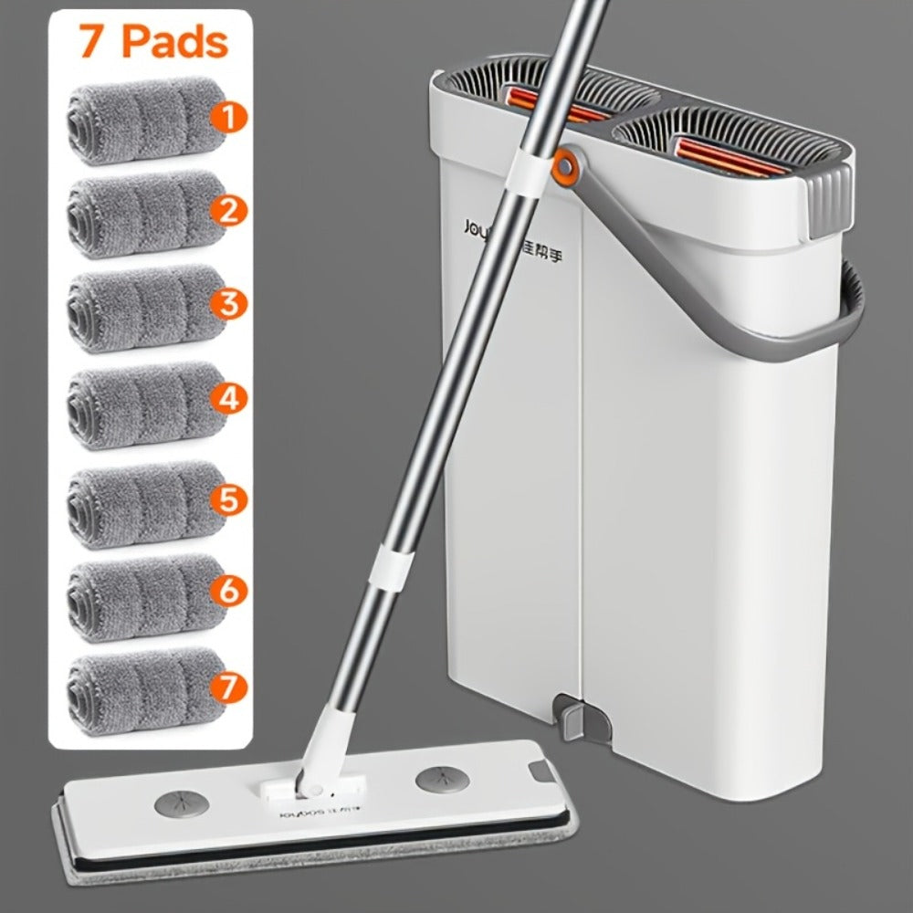 Flat Mop and Bucket Set with Metal Rod 360 Degree Swivel Head Reusable Microfiber Pads Hands-Free Wringing Wet Dry Floor Cleaning System for Hardwood Tile Bathroom Bedroom Living Room