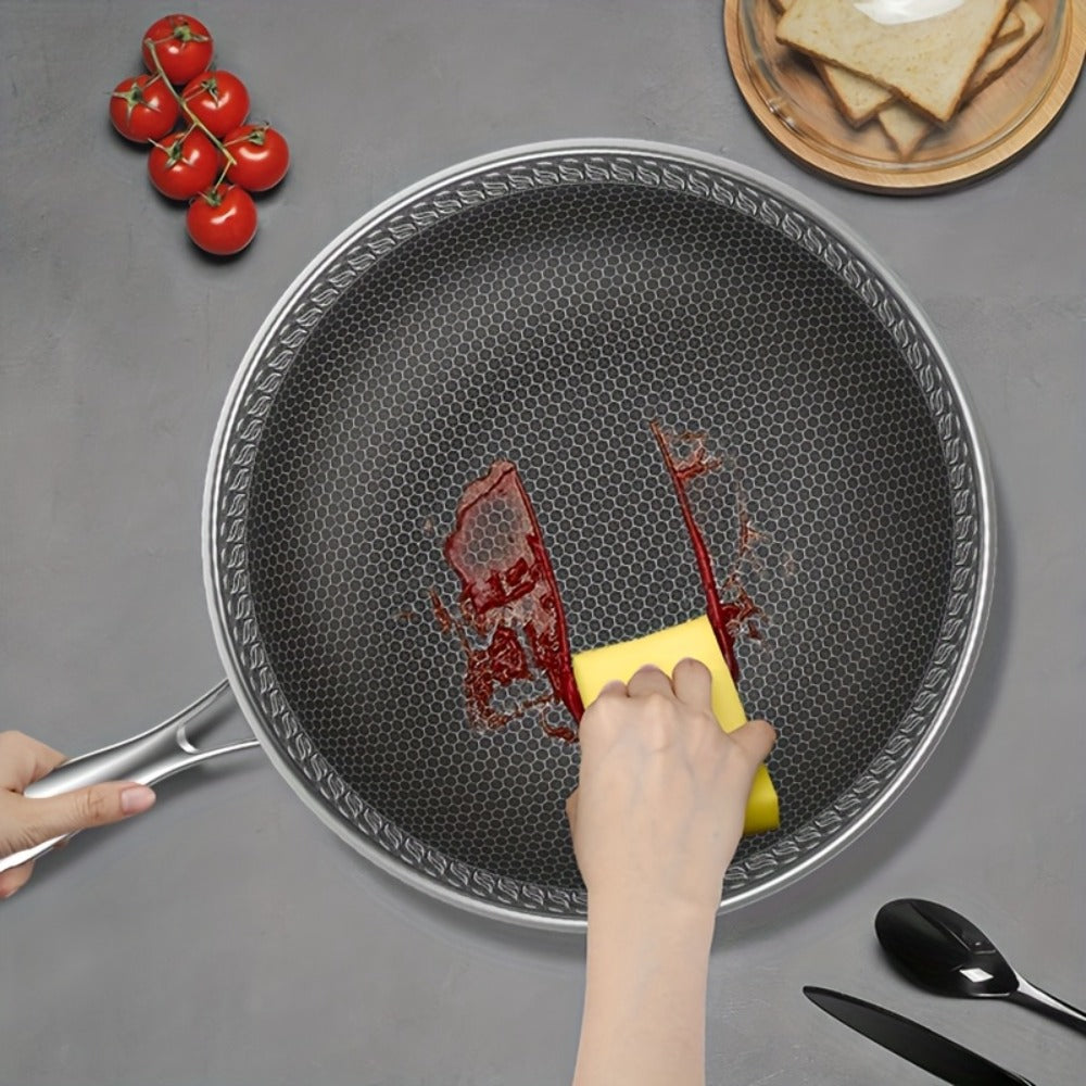 Stainless Steel Wok Set 13.3 Inch Non-stick Honeycomb Design with Lid & 2 Cookware Accessories ¨C Induction Compatible Cooking Pan for Electric Ceramic Gas Stove, Dishwasher Safe
