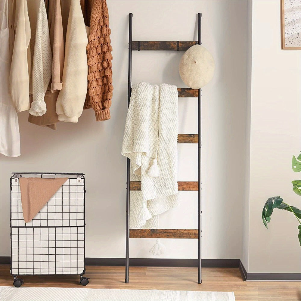 Blanket Ladder Rack 5 Tier with 10 Detachable Hooks - Freestanding Farmhouse Metal Towel Quilt Throw Storage Stand No Drilling Non-Slip Pads | Brown Black | Living Room Bathroom Bedroom Home Decor Organization