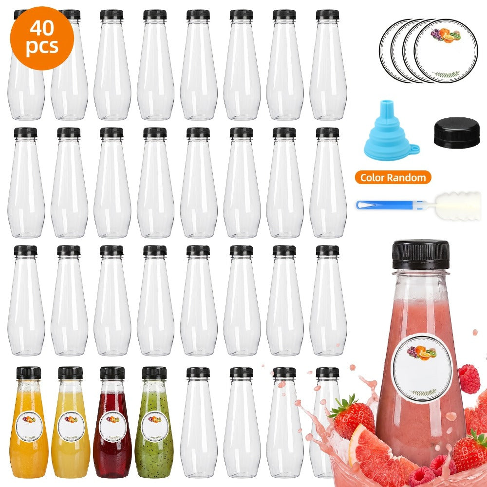 40pcs 12oz Empty Plastic Juice Bottles with Caps Bulk Reusable Clear Bottles for Juice Smoothies Tea Coffee 7.3x2.36in with Funnel & Brush