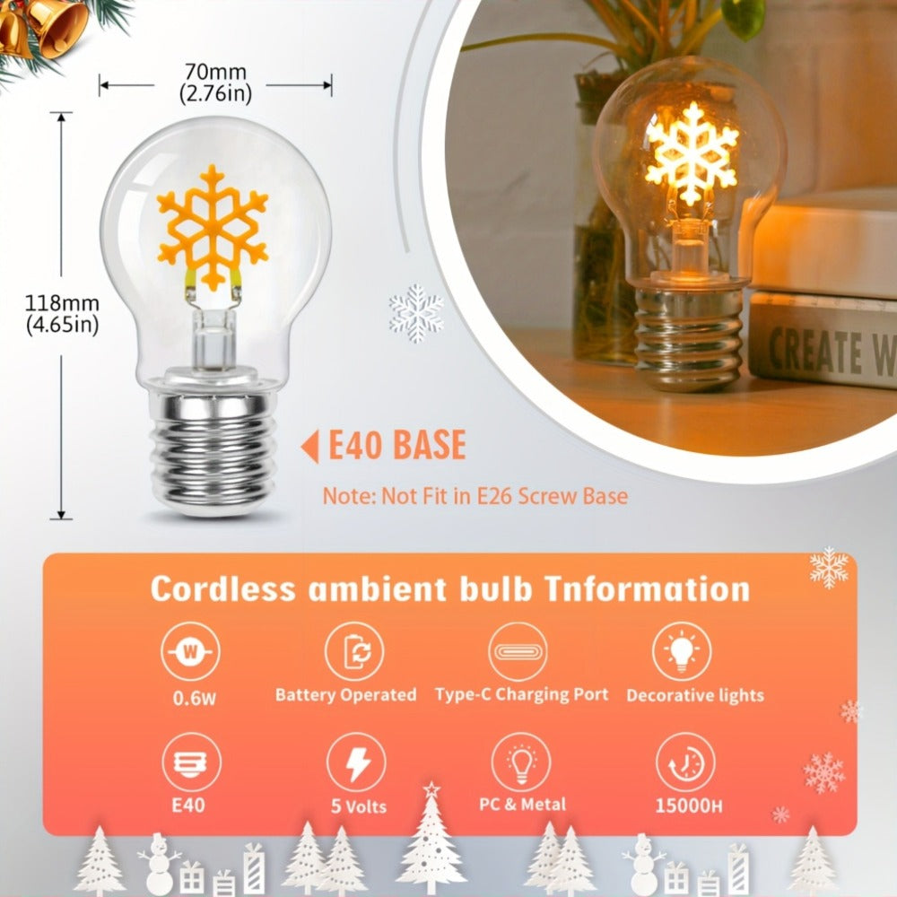Christmas LED Decorative Bulb Type-C Rechargeable A19 Novelty Night Light ¨C Warm White Holiday Shape Bulbs for Indoor Table Window Decor, Bell Elk Snowman Snowflake Christmas Tree Gift Style