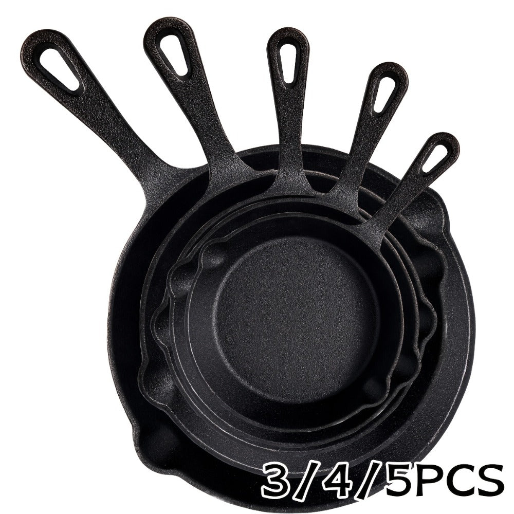 Cast Iron Skillet Set Uncoated Frying Pan with Drip Spout Heavy Duty Pre-Seasoned Cookware for Frying Stir-Frying Baking Stovetop Oven Safe 3 4 5 Piece